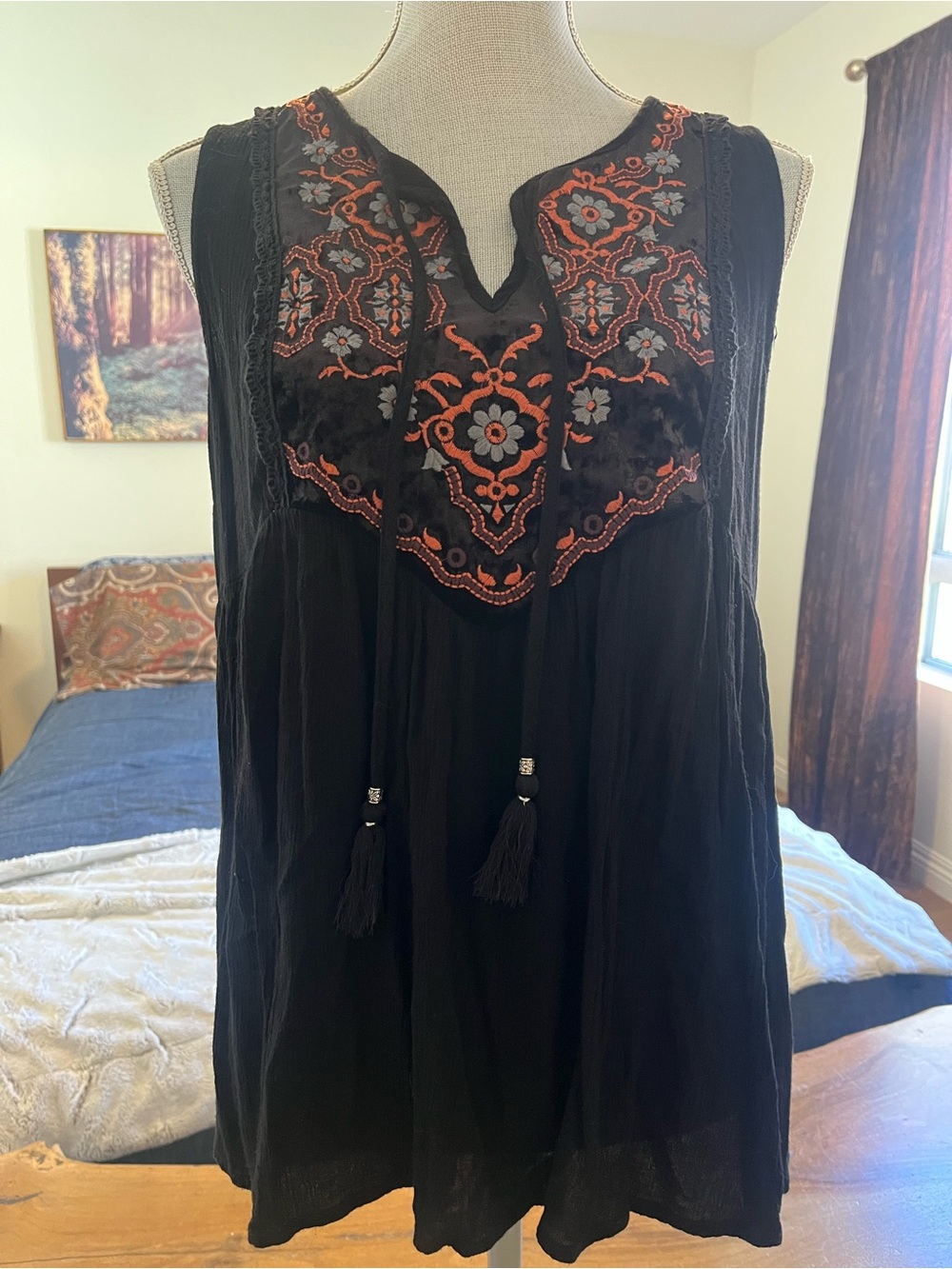 Knox Rose Embroidered Textured Rayon & Velvet Sleeveless Top with Beaded Tassels